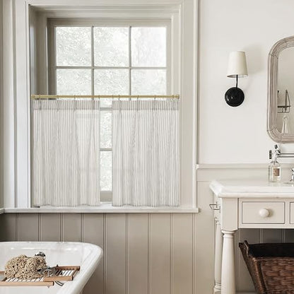 Lino Rosa Taupe Striped Kitchen Pinch Pleat Small Curtains with Hooks 20 Inch Length for Bathroom Windows - color: Taupe, size: 24"W x 20"L (Pack of 2)