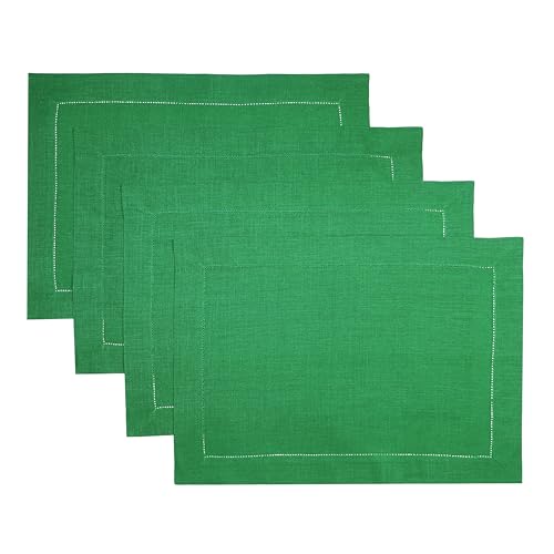 D'Moksha Homes Linen Placemats Set of 4 - Classic Hemstitch Kelly Green Placemats 14 x 19 Inch - 100% Pure Linen Table Mats - Handcrafted and Machine Washable - color: Kelly Green, size: Set of 4 (14 X 19 Inch)