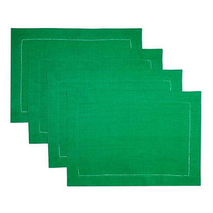 D'Moksha Homes Linen Placemats Set of 4 - Classic Hemstitch Kelly Green Placemats 14 x 19 Inch - 100% Pure Linen Table Mats - Handcrafted and Machine Washable - color: Kelly Green, size: Set of 4 (14 X 19 Inch)