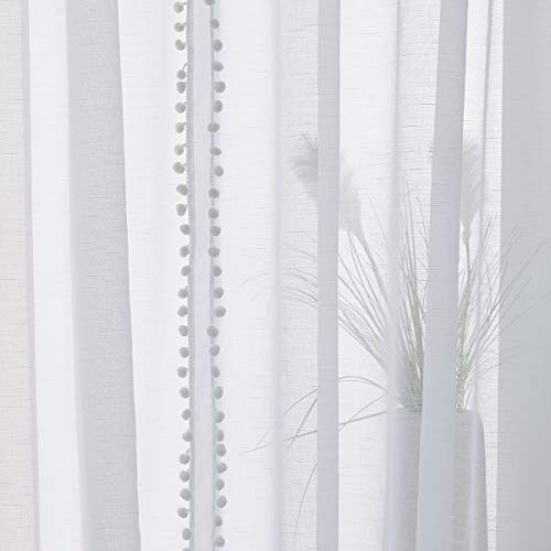 Pompom Sheer White Curtains for Living Room 52x84" Linen Textured Draperies - color: Snow White, size: 52"W x 84"L (Pack of 2)