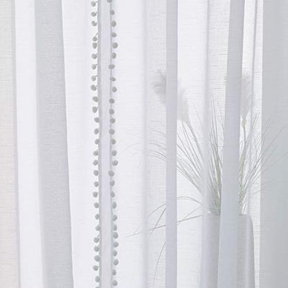 Pompom Sheer White Curtains for Living Room 52x84" Linen Textured Draperies - color: Snow White, size: 52"W x 84"L (Pack of 2)