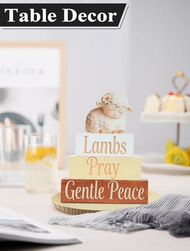 Easter Lamb Decor,Lambs Pray Gentle Peace Wooden Sign | Sleeping Sheep Farmhouse Decor | Christian Rustic Tabletop Shelf Decor for Home Living Room Bedroom - size: Lamb