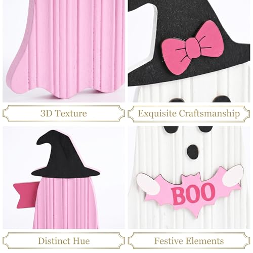 Valery Madelyn Pink Halloween Decor, Set of 2 Cute Halloween Ghost Decor, Witch Hat Boo & Trick or Treat Wooden Tabletop Signs for Home, Shelf, Tiered Tray Party Display, 7 Inch - size: Large