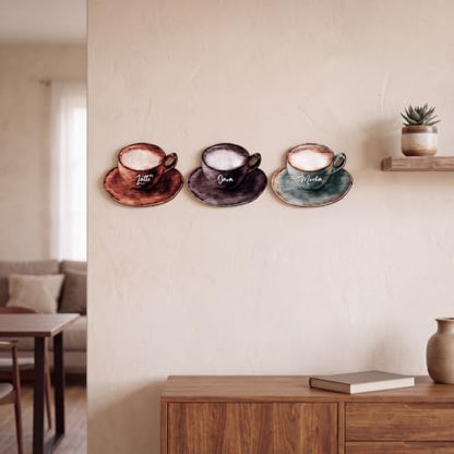 Blulu 3 Pcs Coffee Cup Wooden Wall Art Decor with Metal Hook for Kitchen