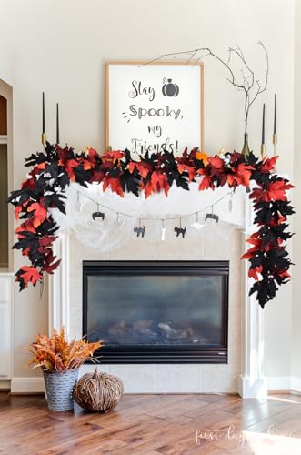 Lvydec 2 Pack Halloween Fall Maple Garland - 5.9ft/Piece Artificial Hanging Fall Leave Vines Garland Autumn Decor for Thanksgiving Home Wedding Party - color: Red&black