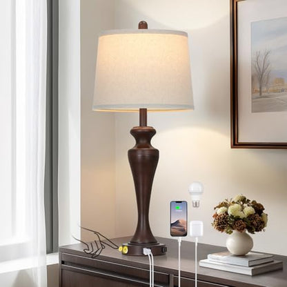 30" Brown Table Lamp Single, 3-Way Touch Control Bedside Lamp with USB A+C Ports and AC Outlet, Tall Living Room Lamps for End Table, Elegant Coffee Bedroom Lamps for Night Stand - color: Brown1-1PK