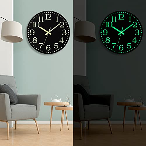 Wall Clock Glow in the Dark Clocks Battery Operated Silent 12 Inch - color: Luminous -Black