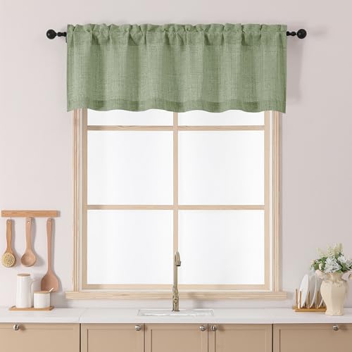 Chyhomenyc Green Valance for Windows, Light Filtering Faux Linen Slub Textured Small Kitchen Valance, Rod Pocket Top Window Short Curtain for Bathroom Basement Farmhouse, 60Wx16L Inch, 1 Panel - color: Green, size: 60"W x 16"L (Pack of 1)