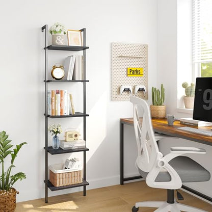ELYKEN Ladder Shelf, 5-Tier Wood Wall Mounted Ladder Bookshelf - color: Black