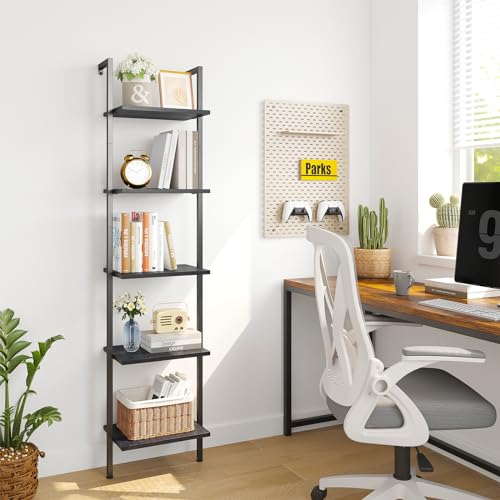 ELYKEN Ladder Shelf, 5-Tier Wood Wall Mounted Ladder Bookshelf - color: Black
