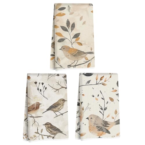 3 Pcs Vintage Birds Kitchen Towels, Artistic Decorative Dish Towel - color: Multi 1401