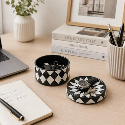 Decorative Storage Box with Lid, Black and white checkerboard Jewelry Box, Modern Round Decorative Box for Dresser, Coffee Table, Entryway Ideal for Jewelry, Trinkets And Small Accessories