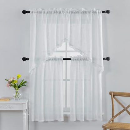 Beda Home Tassel Linen Textured Swag Curtain Valance, White, 36 x 36 in - color: White, size: 36"W x 36"L (Pack of 2)