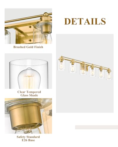 HWH 6-Light Bathroom Vanity Light, Brushed Gold, Modern, 5HLT63B-6W BG - color: Brushed Brass, size: 6 Lights