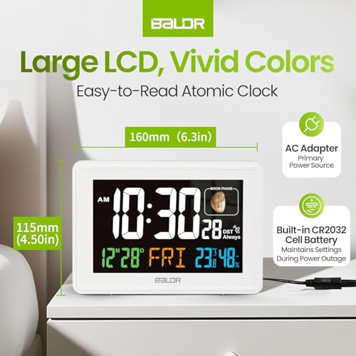 Baldr Digital Alarm Atomic Clock, 7'' Display with Adjustable Brightness - color: White
