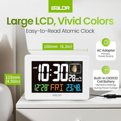 Baldr Digital Alarm Atomic Clock, 7'' Display with Adjustable Brightness - color: White