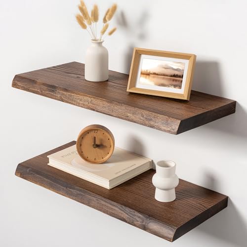 24 Inch Live Edge Floating Shelves, Solid Elm Wood Shelf, Set of 2 - color: Vintage Weathered, size: 24 Inch | 2 Pack