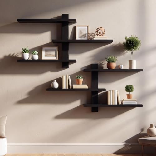 Pinkunn 2 Pack Floating Wall Shelf Mid Century Decor, Black, 3 Tier - color: Black