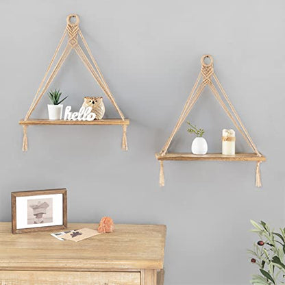 Mkono Macrame Hanging Shelves Boho Wall Decor Set of 2 Floating Wood Shelf - color: Brown