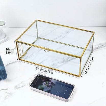 Glass Jewelry Display Box, Card Box with Hinged Lid, Gold Keepsake Box - color: Gold, size: Large