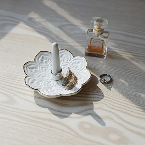 HOME SMILE Ceramic White Mandala Ring Holder,Decorative Jewelry Dish Tray, Engagement Wedding Birthday Valentines's Day Gifts for Women - style: 4.5" White Mandala