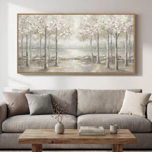 Framed Birch Tree Forest Landscape Wall Art for Living Room, 60x30 Inch - color: White Gray