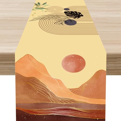 Mid Century Table Runner, Modern Mountain Sunset Boho Tropical Palm Leaf Abstract Bohemian Geometric Minimalism Table Center Decor for Family Kitchen Table Decorations Indoor Outdoor 13x36 inch - color: Boho Leaf-1, size: 13x36" Table Runner