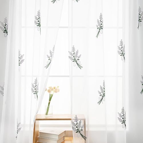 Floral Sheer Curtains Embroidered Lavender Patterned Semi-Sheer Curtain 72 Inches Long 2 Panels Rod Pocket Spring Voile Drapes for Living Room, Bedroom(W52 x L72 Inch, White&Silver) - color: Silver, size: 52"W x 72"L (Pack of 2)