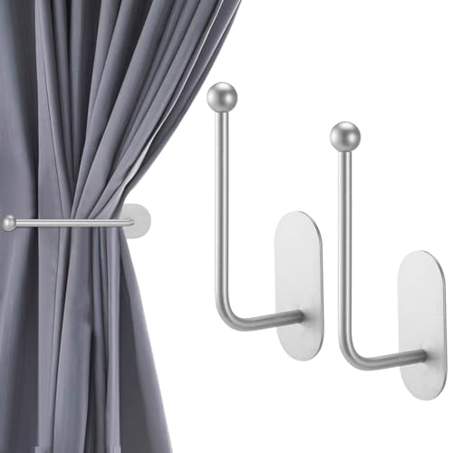 CroBlissful 2 Pcs Adhesive Curtain Holdbacks No Drill Window Hook,Silver - color: Silver