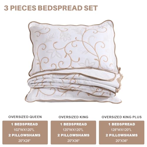 100% Cotton Oversized Bedspread Quilt Coverlet Set, 128"x120" - color: White/Beige-gold, size: Extra Wide Super King(128"x120")