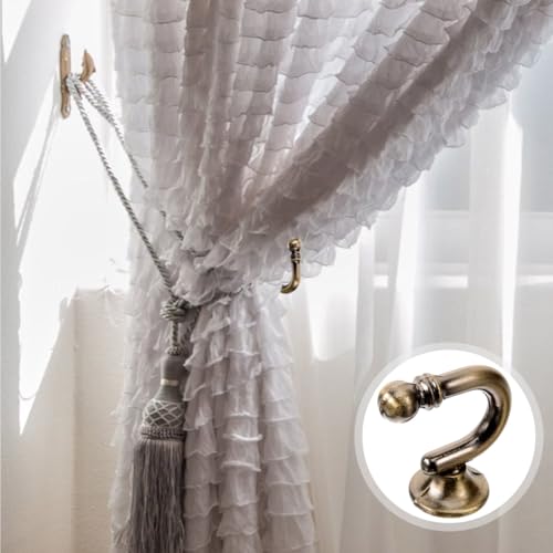 GARVALON Vintage Zinc Alloy Curtain Holdback Hooks, E-Shaped Round Head Wall Mounted Drapery Tiebacks for Living Room and Bedroom, Antique Bronze Finish, 1 Pair Window Curtain Holders