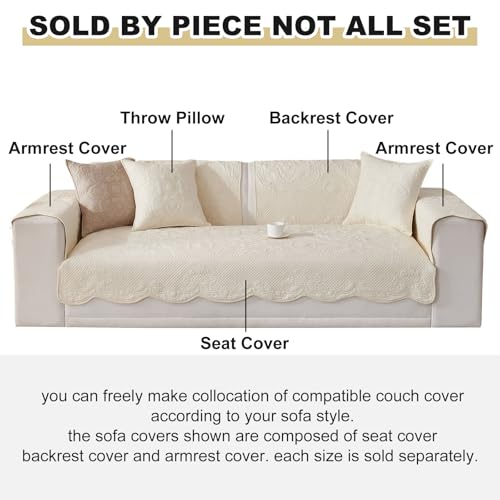 vctops Boho Cotton Quilted Couch Cover Soft Embroidered Sofa Cover Non-Slip Dog Bed Cover Scalloped Sofa Slipcover Washable Furniture Protector Cover (Cream,28"x59") - color: Cream, size: 1pc/28"x59"/Rectangular