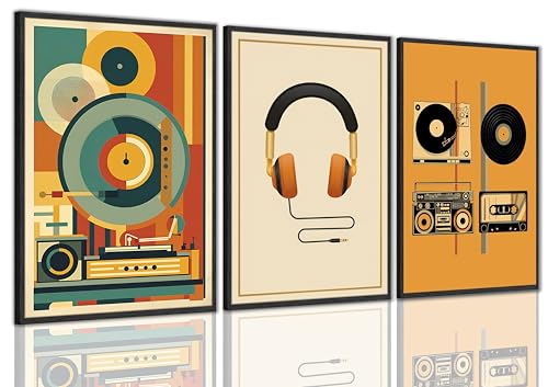 3Pcs Vintage Music Canvas Wall Art MidCentury Modern Vinyl Turntable Painting Picture Wall Decor Geometric Music Bar Rock Music Lovers Poster Print Artwork For Recording Studio Club Home Decoration - color: Poster, size: 24"L x 16"W