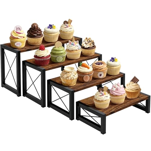 ELITEROO Wood Risers Display Stands Set of 4, Wooden 4 Tier Cupcake Stand, Tiered Riser for Vendors, Decorative Display Risers for Food Desserts Buffet Table at Party Wedding, Rustic Brown - color: 4 Tier, Rustic Brown