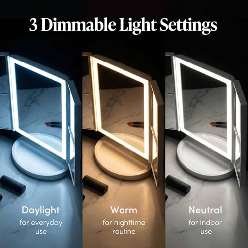 Fancii LED Lighted Vanity Makeup Mirror, Rechargeable Trifold Mirror with 5X & 10x Magnifications - 68 Dimmable Natural Lights, Touch Screen, Best Adjustable Make Up Mirror with Cosmetic Stand