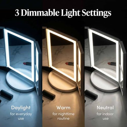 Fancii LED Lighted Vanity Makeup Mirror, Rechargeable Trifold Mirror with 5X & 10x Magnifications - 68 Dimmable Natural Lights, Touch Screen, Best Adjustable Make Up Mirror with Cosmetic Stand