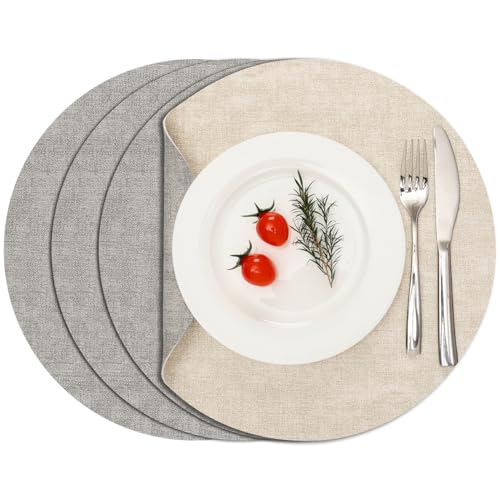 Myir JUN 14" Round Placemats Set of 4, Reversible Dual-Color Place Mats - color: Light Gray Cream-white