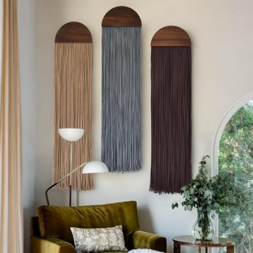 Macrame Wall Hanging Long Fringe Boho Wall Decor Handmade Wood 10" W*40" L - color: Espresso/Charcoal Gray/Caramel