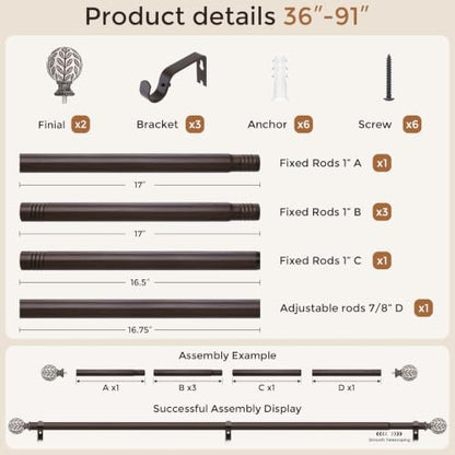 Curtain Rod 36-91 Inch, Boho Wood 1 Inch Curtain Rods for Windows - color: Walnut Wood, size: 36''-91'' (1 Pack)