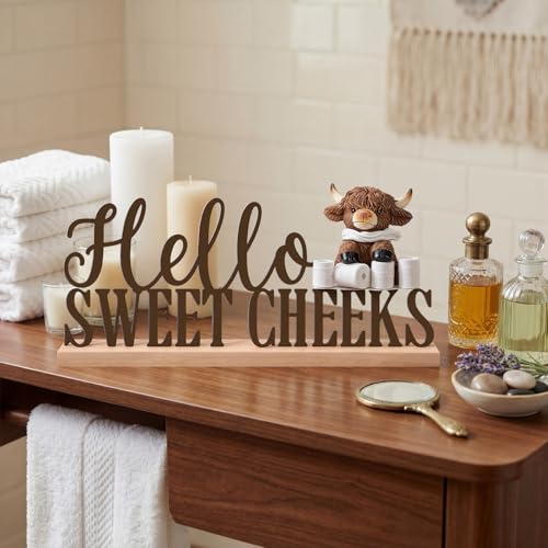 Roowest Meatal Hello Sweet Cheeks Sign Highland Cow Bathroom Decor - style: Highland Cow