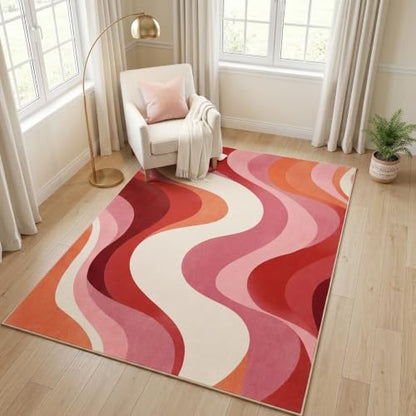 5x7 Pink and White Modern Abstract Wavy Washable Area Rug - color: Pink/White, size: 5' x 7' (Rectangular)