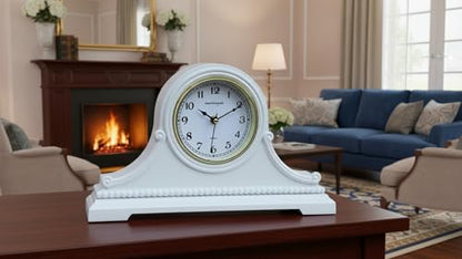 Mantel Clocks, Battery Operated, Silent Wood Table Clock with Westminster Chimes On The Hour, Solid Wooden Shelf Chiming Mantle Clock, 9" x 16" x 3" (White - Arabic Numerals) - color: White