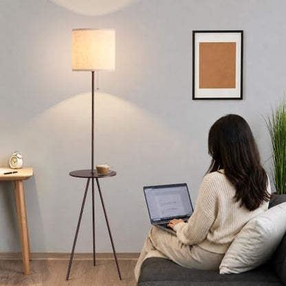 Floor Lamp with Table Attached, Linen Shade, Standing Lamp for Living Room - color: Brown