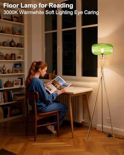 Lightdot Glass Tripod Floor Lamp for Living Room, Modern Gold Standing Lamp with Green Ribbed Glass Lampshade, Arc Tall Lamp for Bedroom Office Reading Room/Sofa Beside/Corner Decor (Bulb Included) - color: 1 Green Globe-Gold
