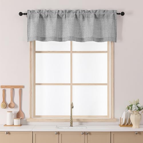 Chyhomenyc Gray Valance for Windows - Light Filtering Faux Linen Textured Small Kitchen Curtains, Farmhouse Rod Pocket Short Valance for Living Room Bathroom Basement, 52Wx16L Inch, 1 piece - color: Grey, size: 52"W x 16"L (Pack of 1)