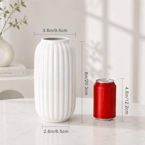 White Ceramic Vase, 8 Inch Minimalist Flower Vase for Home Decor - color: White-v