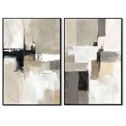 SAFERRYHOME Neutral Abstract Beige,Gray and Black Wall Art Set of 2,24"x36" - color: Neutral, size: 24" x 36" x 2 Panel Framed