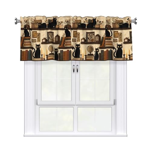 Cats on Bookshelf Abstract Valances for Windows Rod Pocket Curtain Valance 1 Panel Short Curtains for Kitchen Bathroom Living Room Bedroom Window Treatments - color: Cats on Bookshelf