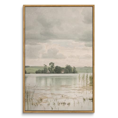 InSimSea Framed Canvas Prints Art Vintage Decor, Countryside Lakeside Landscape Paintings, Large Prints, Vintage Retro Wall Decorations for Bathroom Bedroom Living Room, 16"x24" - color: Lake Esrum, size: 24"L x 16"W