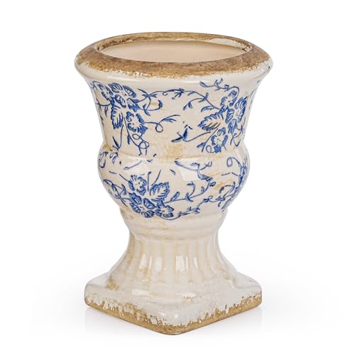 Sungmor Small Ceramic Urn Planter - Blue Floral Pedestal Flower Pot - color: Blue